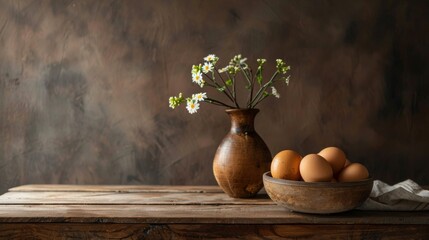 Rustic still life with vase, eggs, and flowers