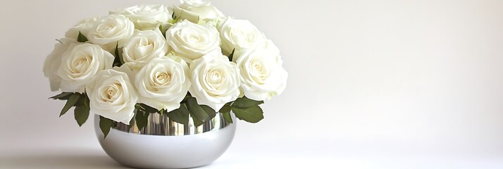 A round silver flower vase with fresh white roses against a clean light background