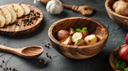 Rustic wooden bowls filled with fresh vegetables