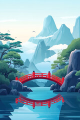 Red bridge crossing tranquil river in mountain landscape