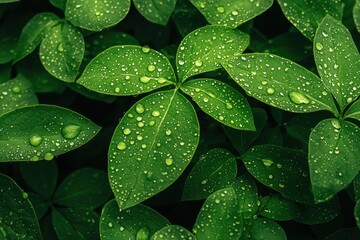 Fototapeta premium Lush green leaves adorned with droplets of water, showcasing nature's beauty and freshness after rain.