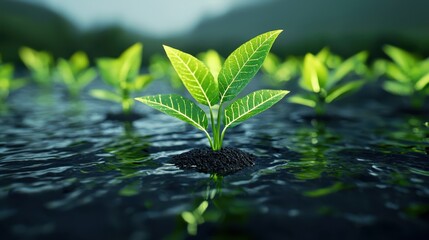 Green seedlings emerge from water, symbolizing growth and renewal in a serene natural setting.
