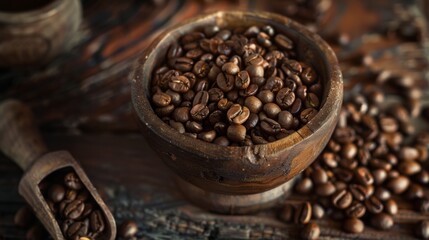 Fototapeta premium Coffee beans spilling from a wooden bowl