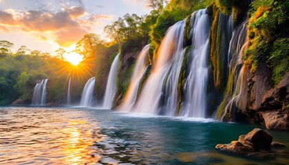 A majestic waterfall cascading into a serene lake at sunset.