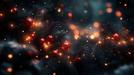 Fototapeta premium Dark Christmas Tree Decorated With Red Ornaments And Lights