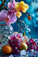 Fototapeta premium Captivating purple orchid, glass of ice, lemon, and colorful spheres. Bright, modern design perfect for beverage, wellness, or floral promotions.