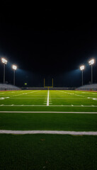 Fototapeta premium A glowing football field under stadium lights, emphasizing the center of the field and goalposts.