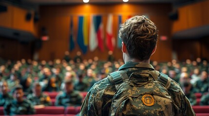 Soldier addressing a large audience in an auditorium.