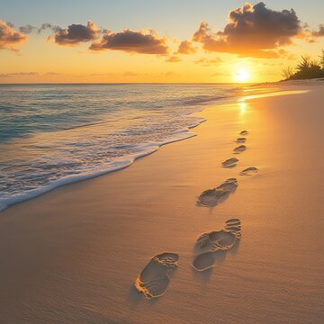 Sunset beach footprints in sand.
