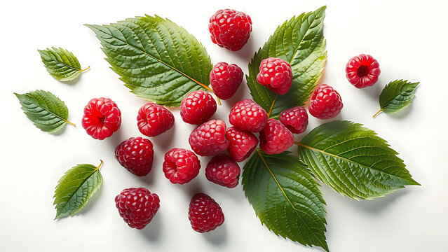 Raspberry isolated. Red raspberries with green leaf isolate on white background. Raspberry with leaves flying collection. Full depth of field.
