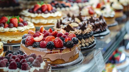 Assorted gourmet pastries and cakes on a bakery counter