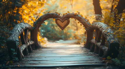 Fototapeta premium Beautiful wooden bridge with heart-shaped archway surrounded by autumn foliage in a serene forest setting