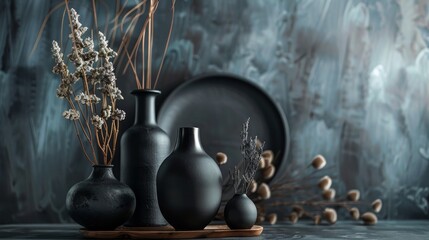 Elegant black ceramic vases with dried flowers on a textured surface