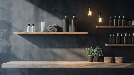 Modern kitchen interior with wooden shelves and subtle lighting