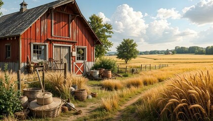  Rustic Red Barn in a Golden Wheat Field