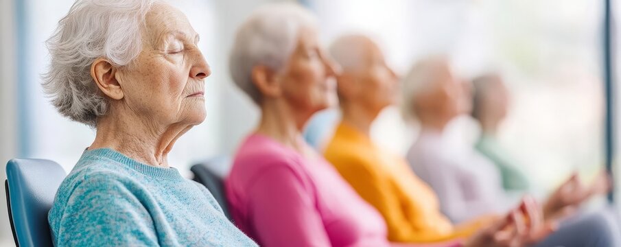 Seniors participating in a chair yoga class, comprehensive care, gentle fitness