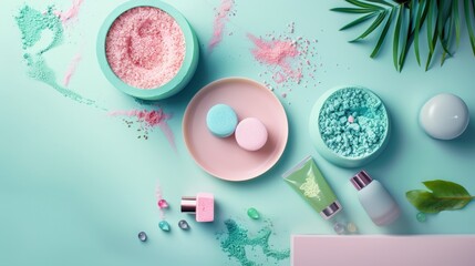 Flat lay of pastel skincare products with natural decor