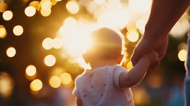 A tender family moment in the park at sunset, with parents holding their babyâs hands as they enjoy the serene evening. The warm glow of the setting sun enhances the atmosphere of