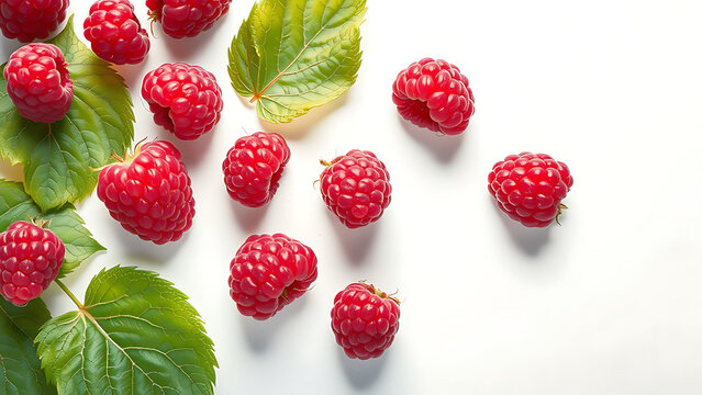 Raspberry isolated. Red raspberries with green leaf isolate on white background. Raspberry with leaves flying collection. Full depth of field.