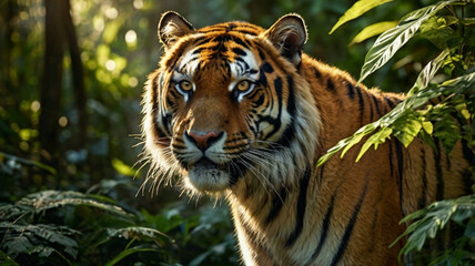 Obraz premium a tiger walking in a dense jungle, vivid fur, sharp eyes, and sunlight through the trees.