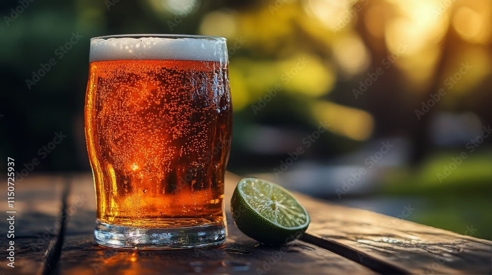 Poster Refreshing drinks with lime garnish served in glasses on a wooden table