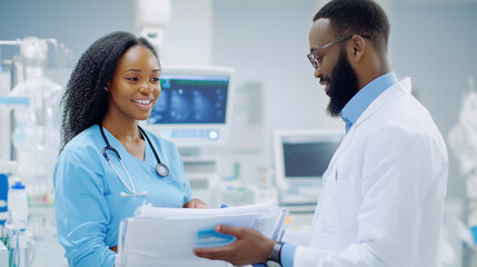 Female doctor screening stomach of woman using special tool and gel. Mom looking at picture of baby. Husband supporting and carrying about pregnant wife on procedure of ultrasound