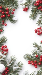 Christmas border with pine branches red berries and snow flat lay