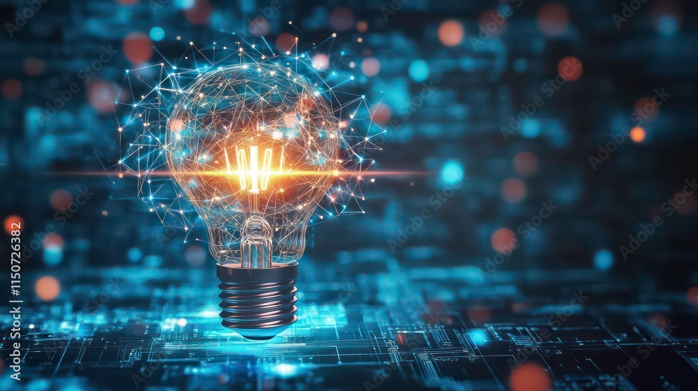 Poster glowing lightbulb with network connections on circuit board, representing innovation and technology.