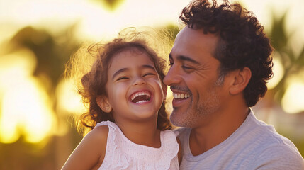 Obraz premium In a tender moment of bonding, a father and daughter laugh together, showcasing the pure joy and closeness between them. This image captures the heart of family life, ideal for con