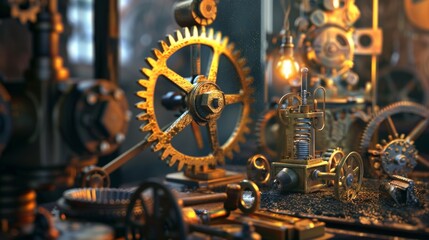 Intricate gears and mechanisms in golden tones