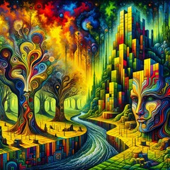 Obraz premium A surreal landscape features abstract trees and geometric mountains with a river cutting through the scene, combining natural and fantastical elements with a multitude of colors, (Gen, A.I.)