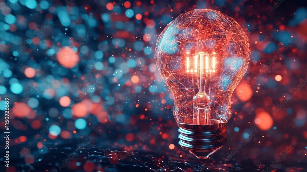 Aufkleber glowing lightbulb with intricate internal network, bokeh background.