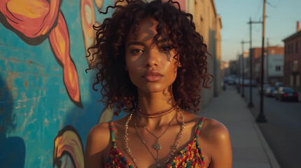 Person with Curly Hair Posing in Front of a Vibrant Mural