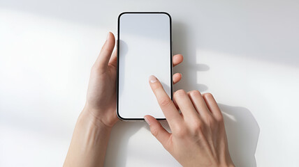 Mobile smartphone screen mock up, white smartphone display mockup in hand with finger tapping, pointing isolated on white background
