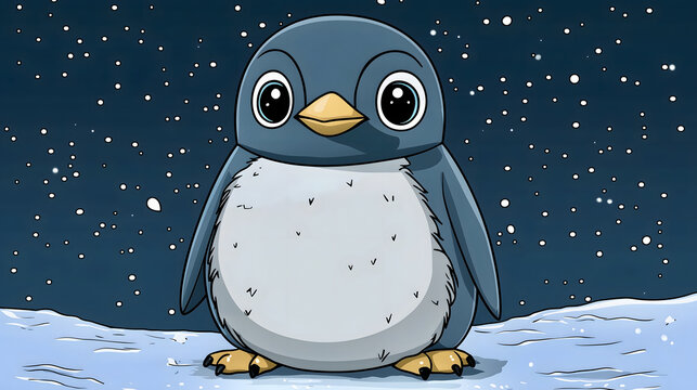 Cute cartoon penguin standing on snow beneath a starry sky during the winter season
