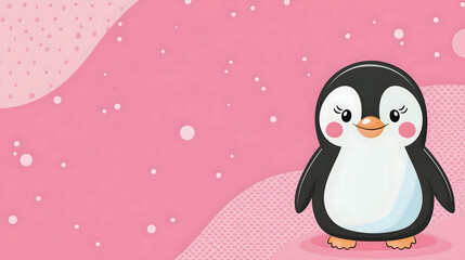 Fototapeta premium Cute cartoon penguin on a pink background with playful patterns and colors