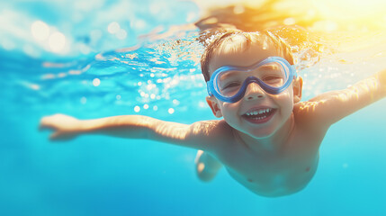 Fototapeta premium A little boy learning to swim in a bright, clear swimming pool, supported by a parent or instructor. His excitement and determination reflect the joy of mastering a new skill, maki