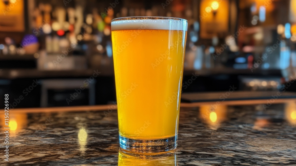 Poster Refreshing Glass of Golden Beer on Bar Counter with Soft Lighting