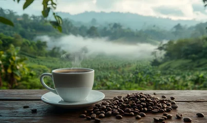 A hot coffee cup and coffee beans on a wooden table, with a dreamy