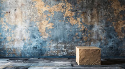 Minimalist wooden block against a weathered wall