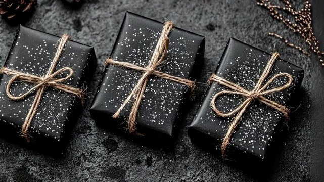 Elegant black gift boxes arranged on a dark surface with festive decorations