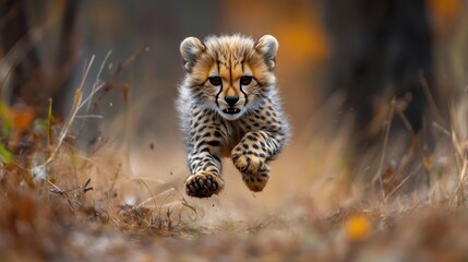 Fototapeta premium Cheetah cub plays joyfully among vibrant wildflowers in golden hour light