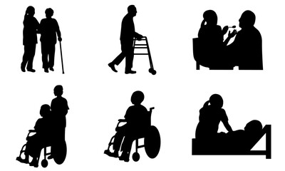 介護・福祉を描いたシルエットのセット