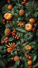 Fototapeta premium Tropical fruit composition with palm leaves and coconut husks