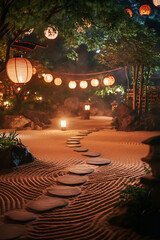 Obraz premium Zen garden meditation celebration under paper lanterns