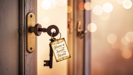 Vintage key in door lock with a sign saying home sweet home