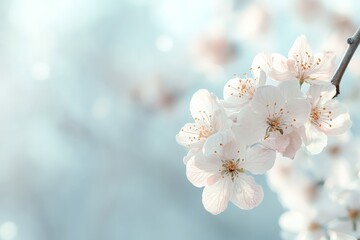 Fototapeta premium Delicate cherry blossom flowers bloom softly against a pale blue background in early spring