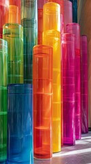 Fototapeta premium Colorful transparent cylindrical structures create a vibrant artistic installation in a well-lit space