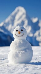 Kids playing in sunny alpine snowfield with snowman