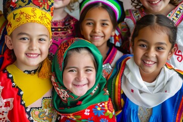 A group of young girls wearing colorful clothing